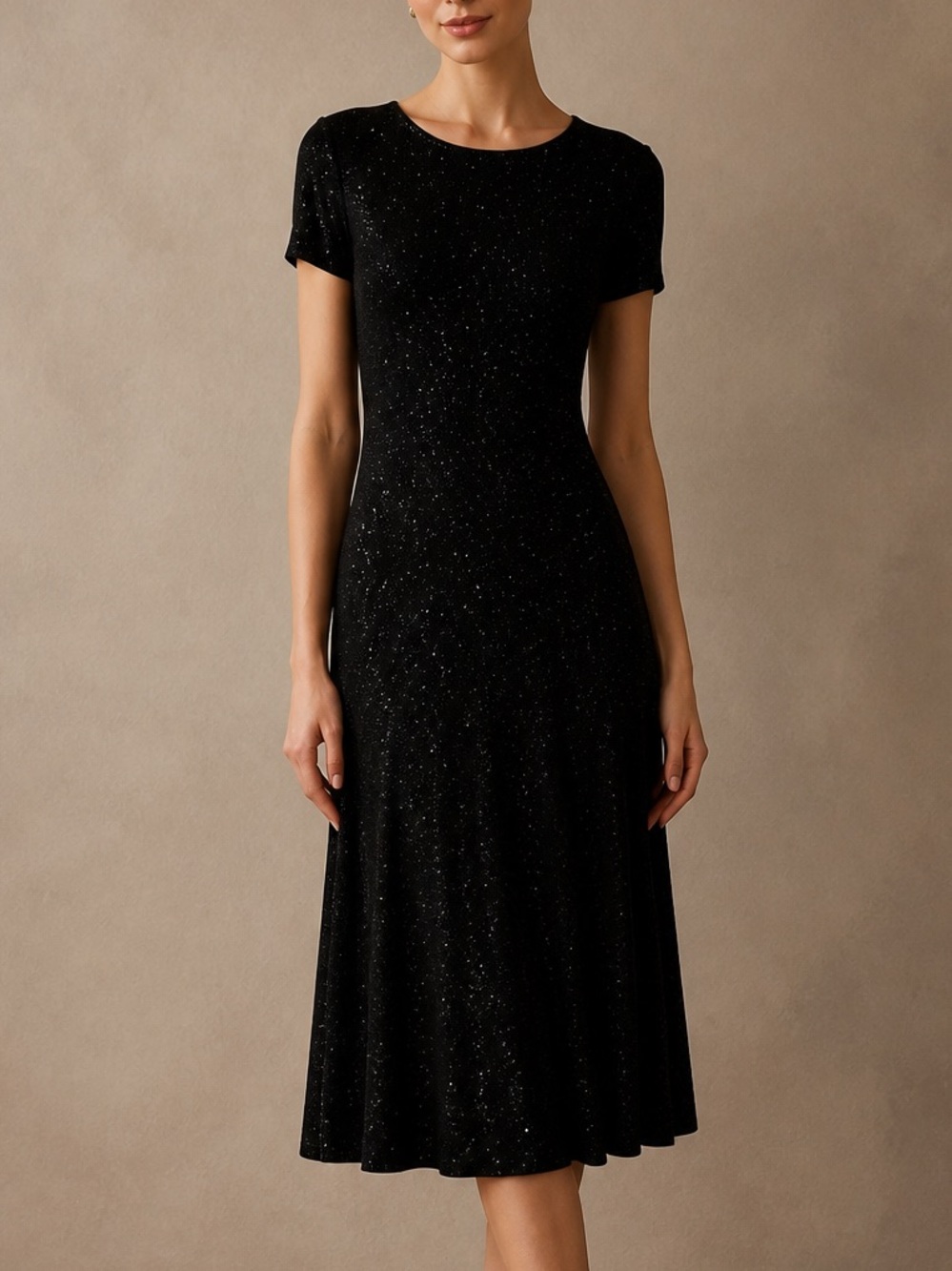 All That Jazz Vintage Stretchy Black Short-Sleeve Sparkle Party Midi Dress